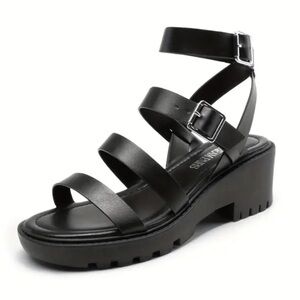 New NIB Platform Buckle Chunky Heel Sandals Solid Black Wedge Silver NWTOpen Toe